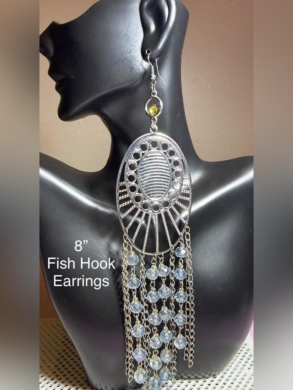 Silver-Tone 8" Fish Hook Fringe Earrings with Clear and Yellow Accents
